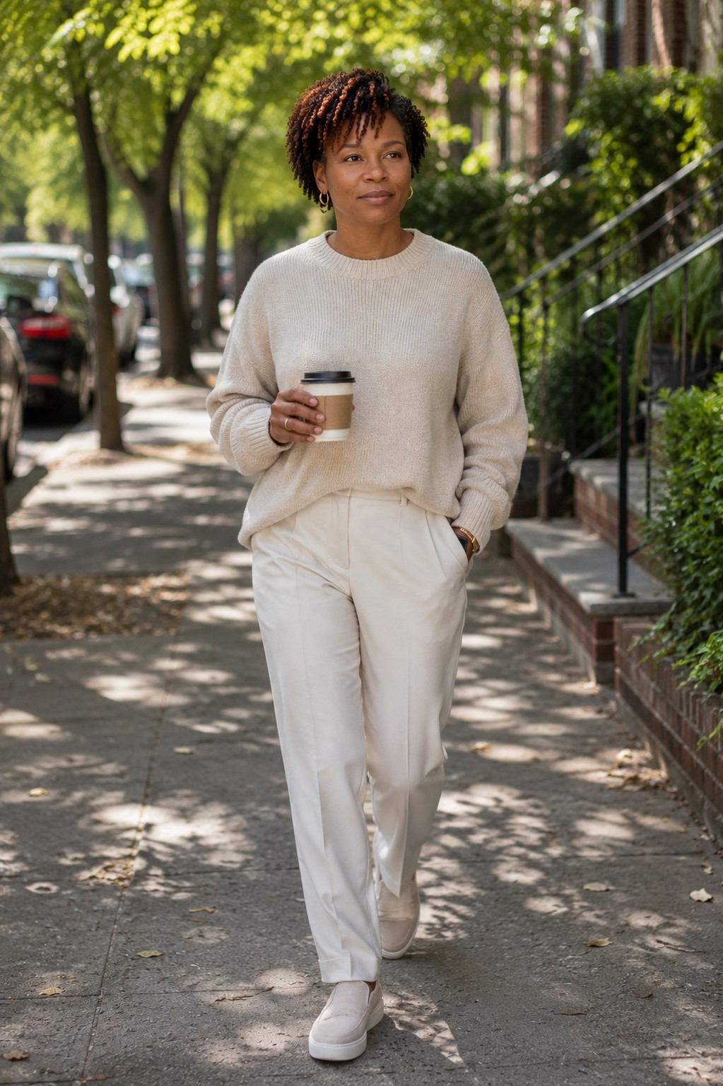 Dr. Jennifer Moore walking outdoors with coffee