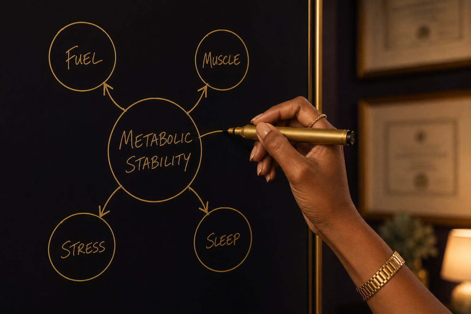 A hand drawing the Metabolic Stability framework — Fuel, Muscle, Stress, and Sleep connected to metabolic stability — on a glass board